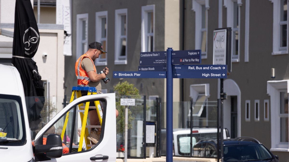 Installing street signage in Weston-Super-Mare