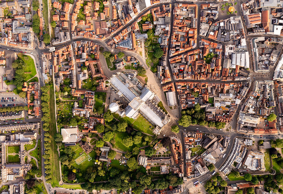 Aerial view of streets and addresses around York Minster Cathedral