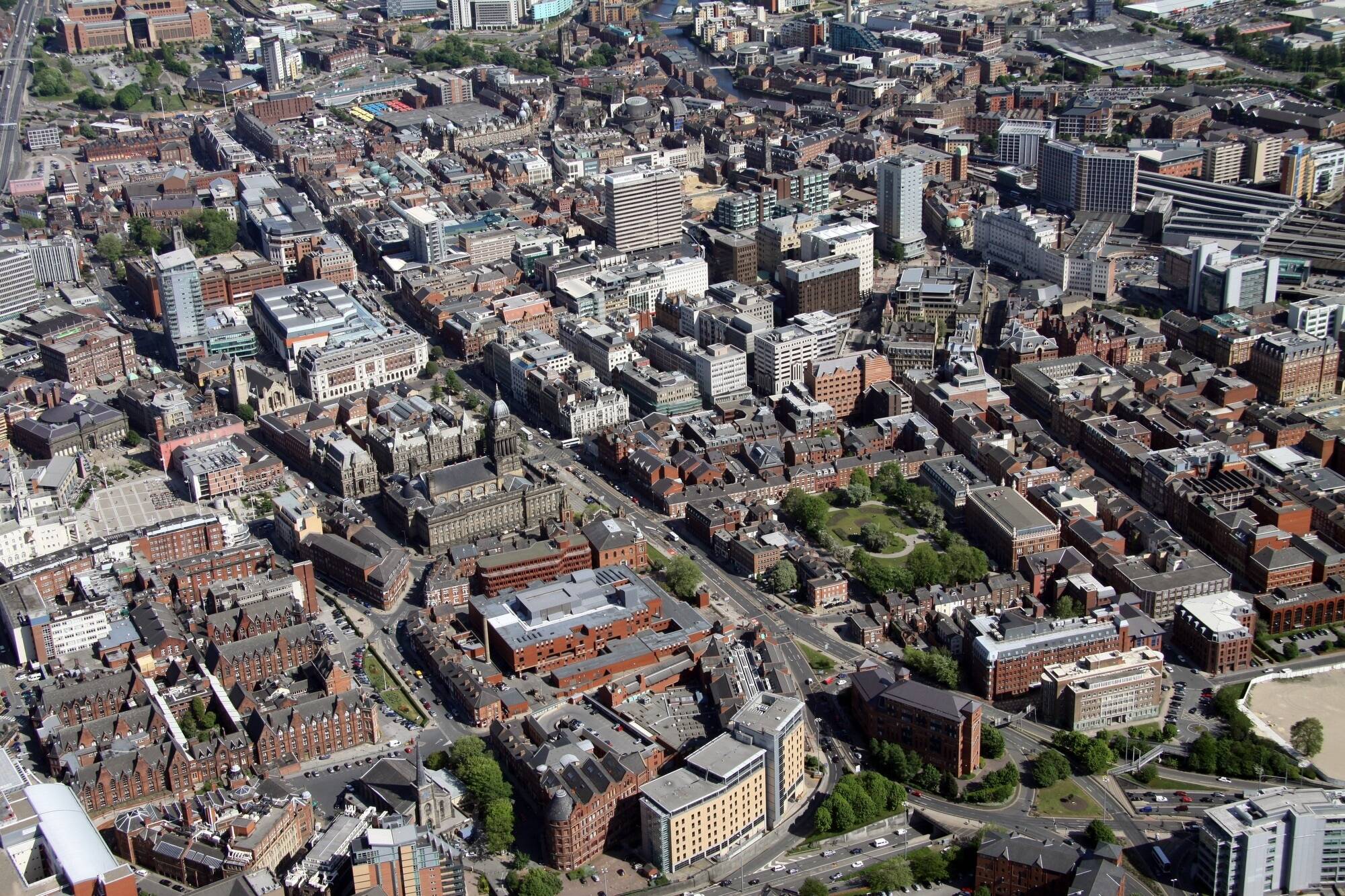 Aerial leeds city houses business complex