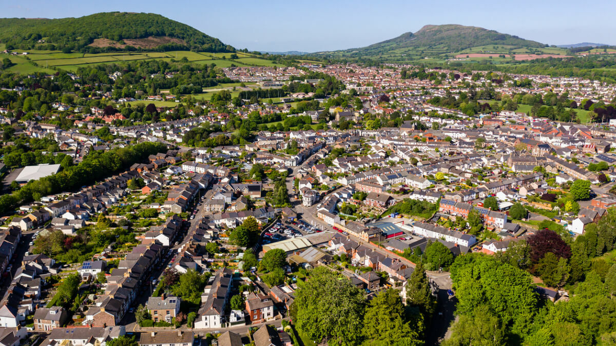 Abergavenny Aerial view with green fields and hills