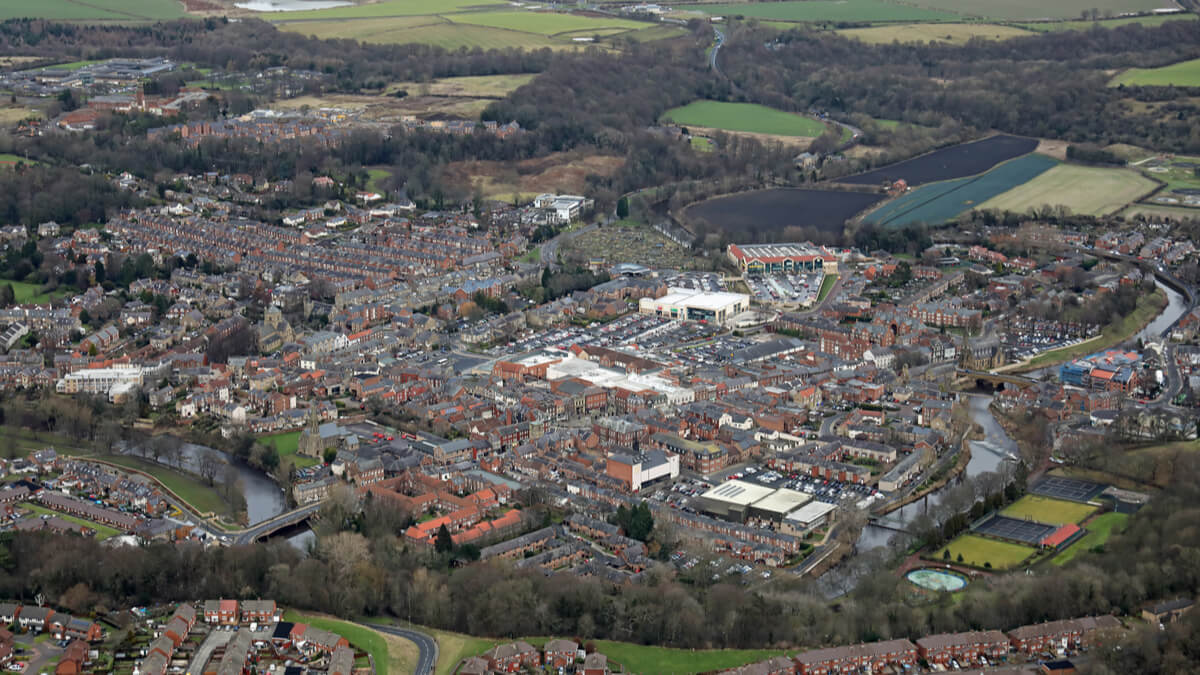 Aerial view of Morpeth town centre, Northumberland, UK 1200x675