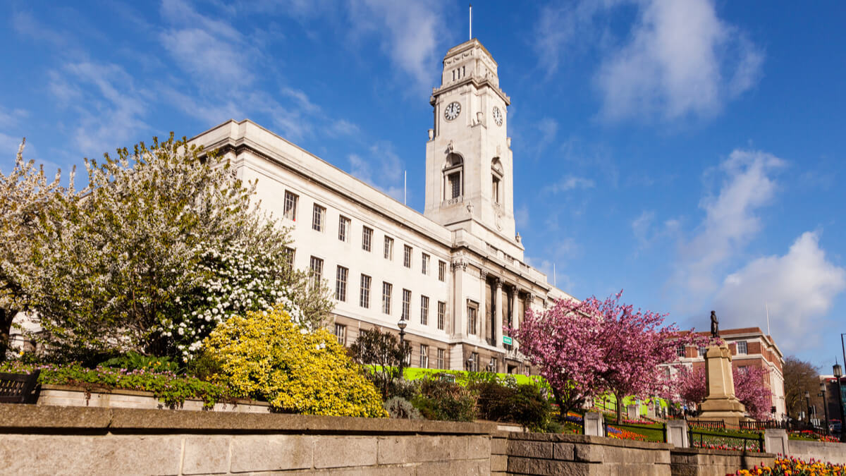 Barnsley Town Hall with gardens in bloom 1200x675 UPRN 10022877298