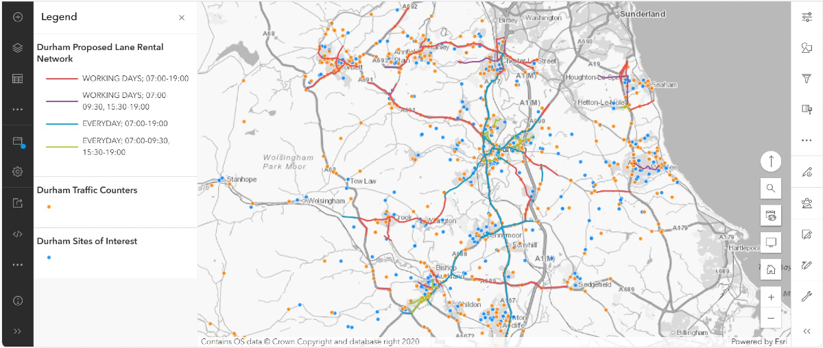 ARC GIS MAP showing the initial Lane Rental Network for Durham