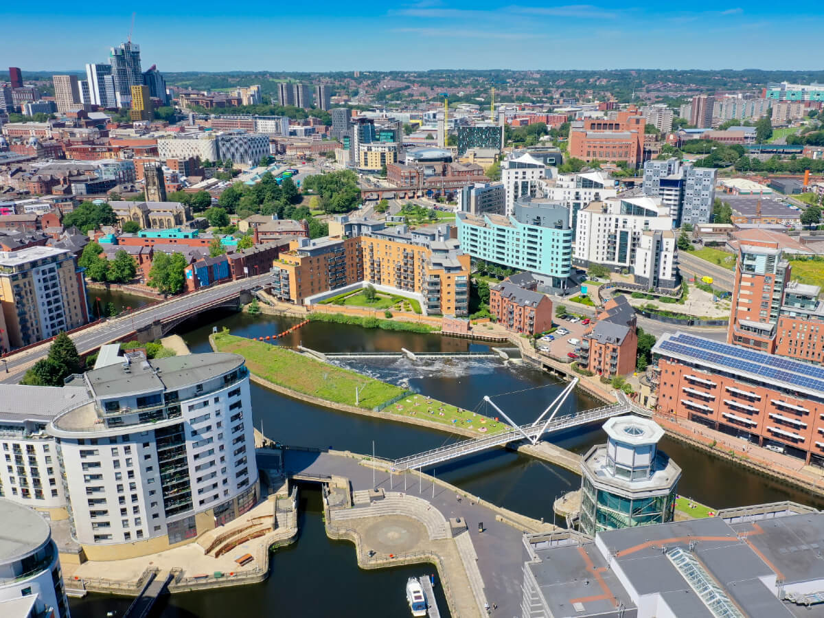 Aerial photo of the Leeds City Centre and The Leeds Dock