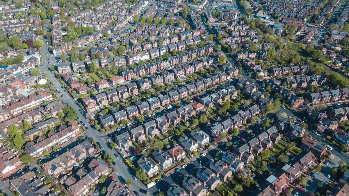 Ariel drone view houses in Manchester England Residential